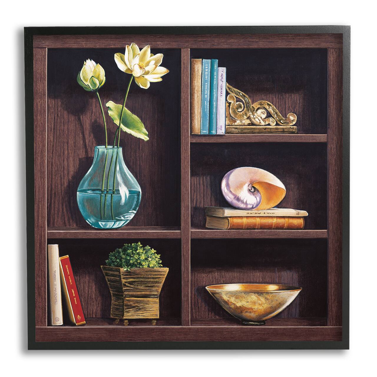 Stupell Industries Elegant Bookshelf Still-Life with Lotus Floral Vase in Black Frame Wall Art